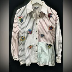 Women’s True Vintage Nautical Embroidered Button Up Cotton Top Crest Anchor Sz M